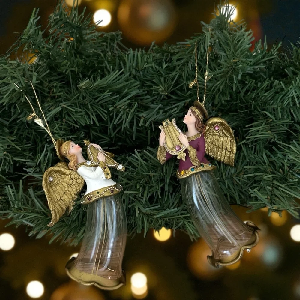 Vintage Glass Jeweled Set Of 2 Angel Playing Instruments Christmas Tree Angels